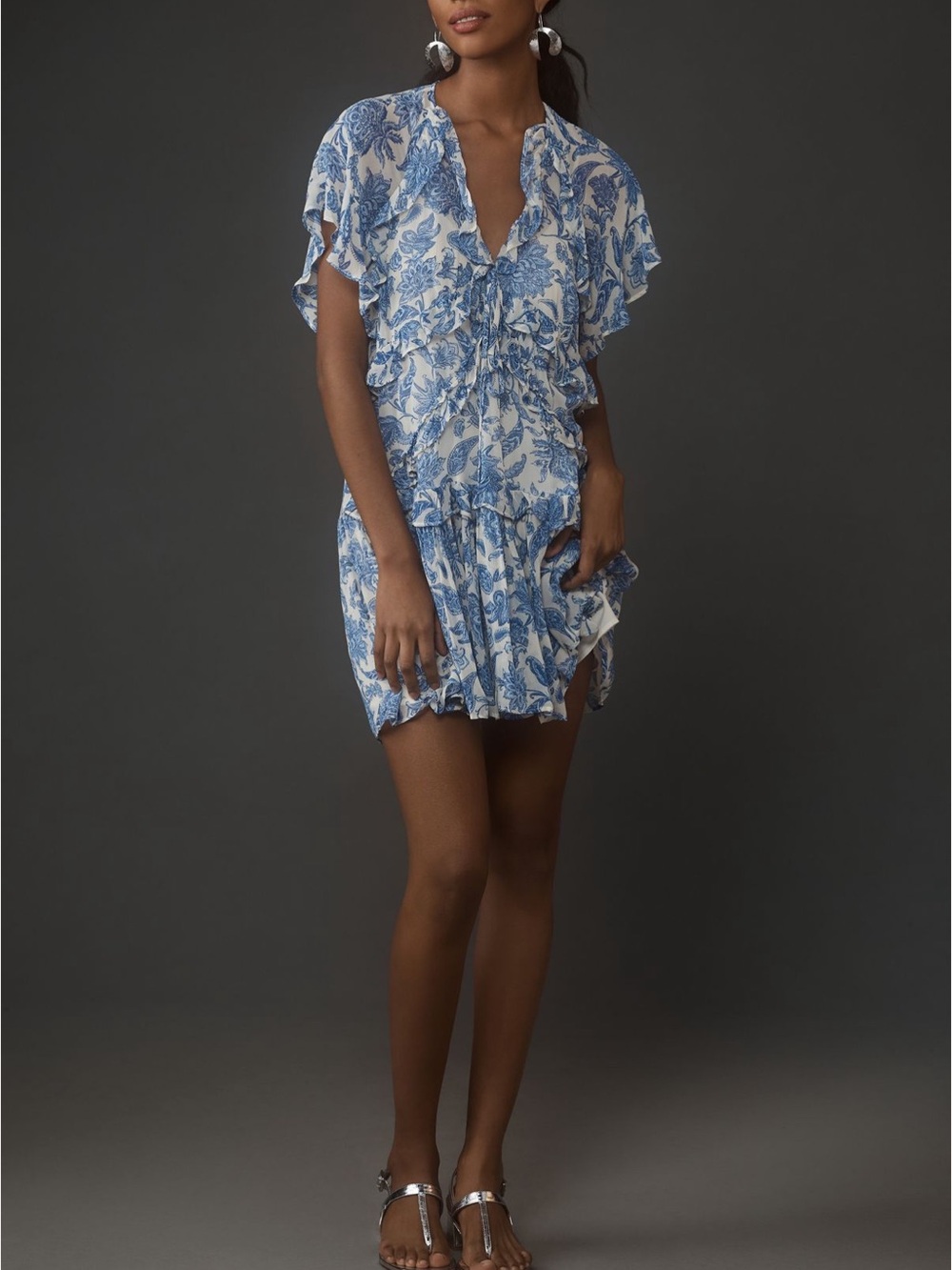 Anthropologie Blue and White Floral Mini Dress